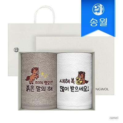 송월타올 2026 병오년 붉은말 자수타올 2매 선물세트 크림상하 쇼핑백