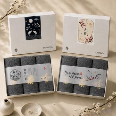 송월타월 베일패키지 추석 명절 답례품 3매세트 황금복자수 쇼핑백 증정