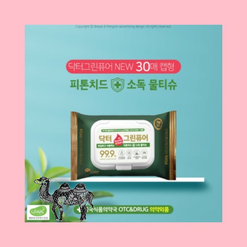 99.9% 항균력 Dr. Green Pure 안심하고 사용하는 피톤치드 소독물티슈 캡형 30매입